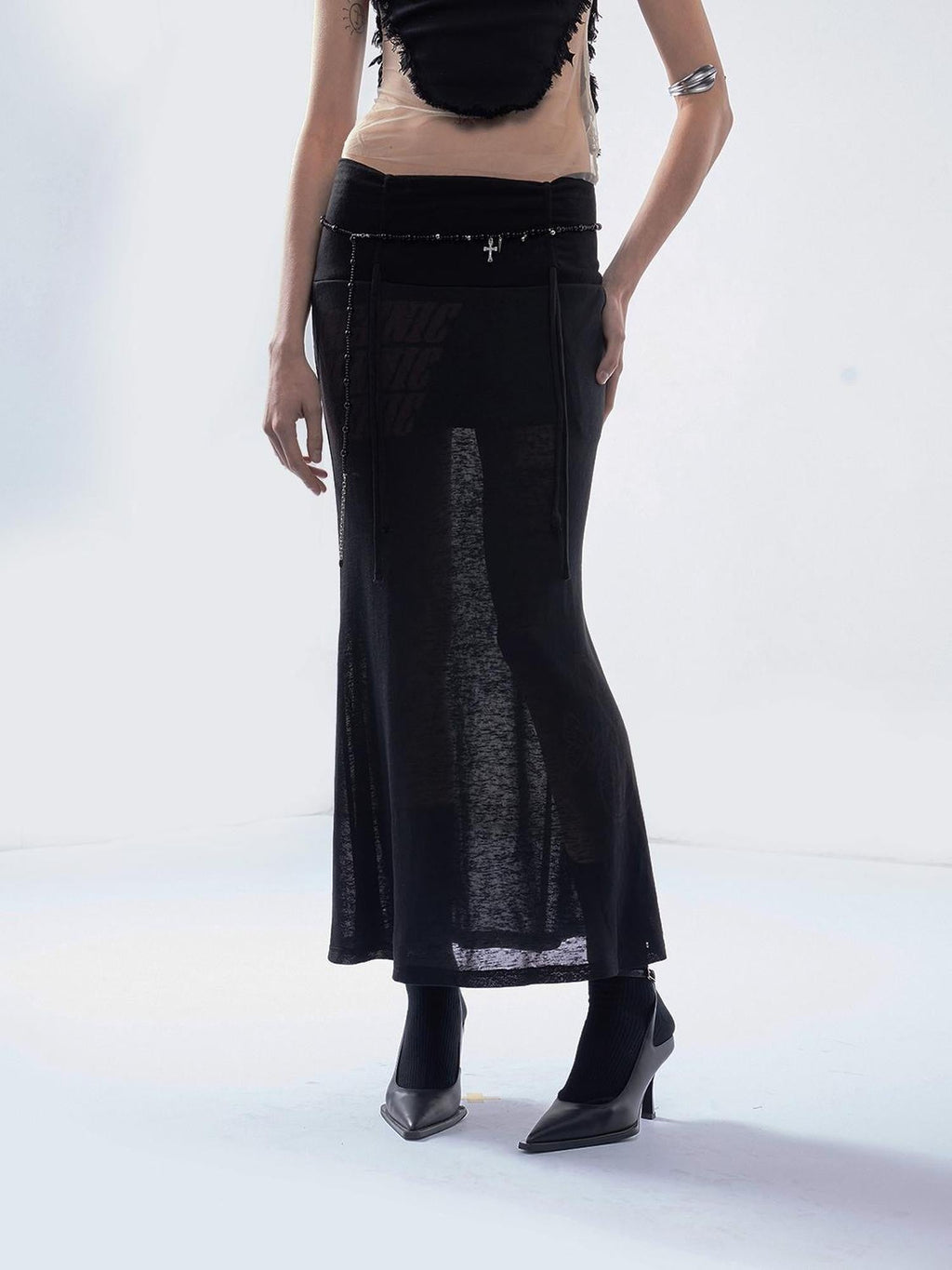 Punk Letter Print Drawstring Mid Waist Women's Tencel Slim Mermaid Skirts