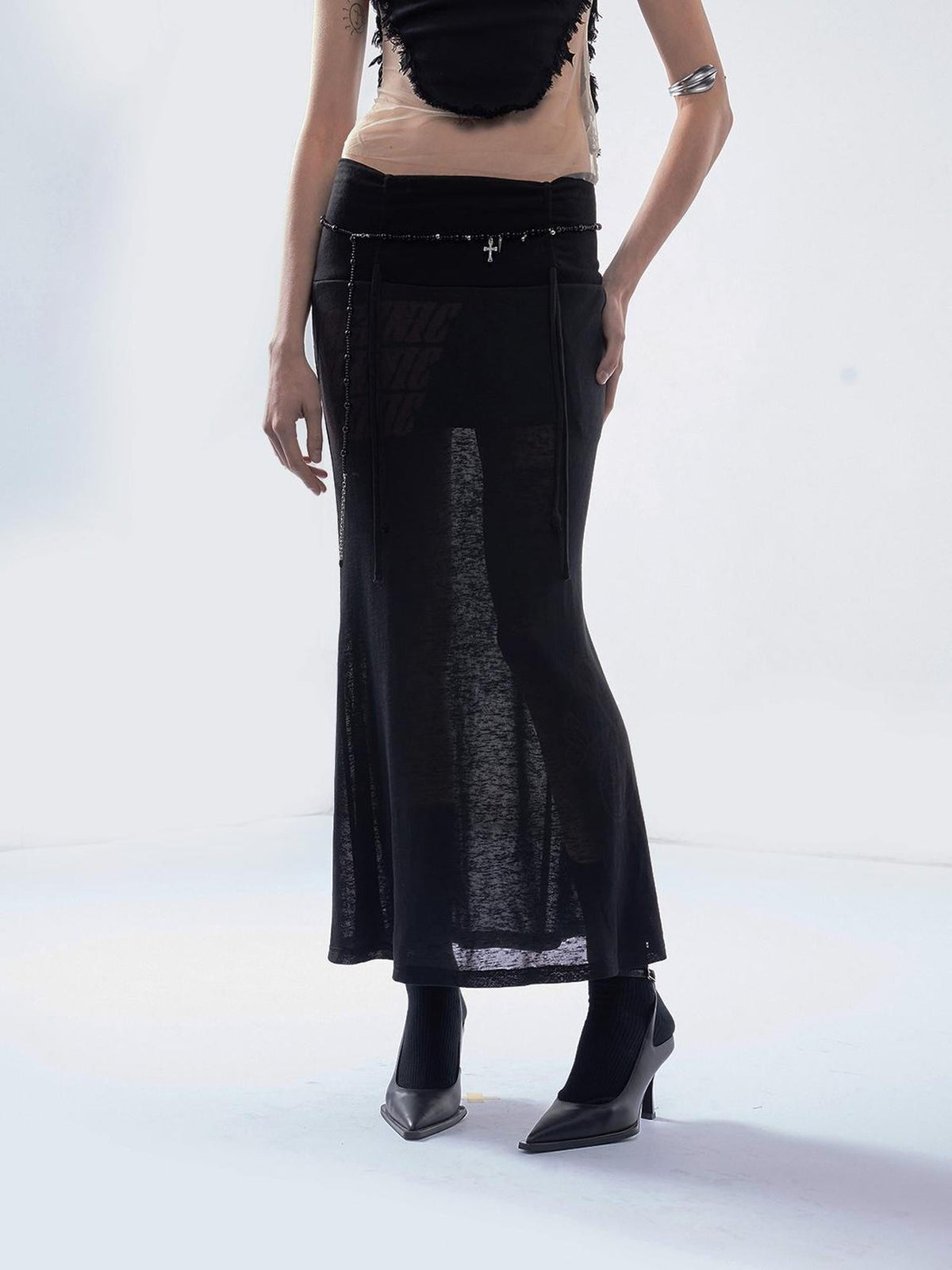 Punk Letter Print Drawstring Mid Waist Women's Tencel Slim Mermaid Skirts