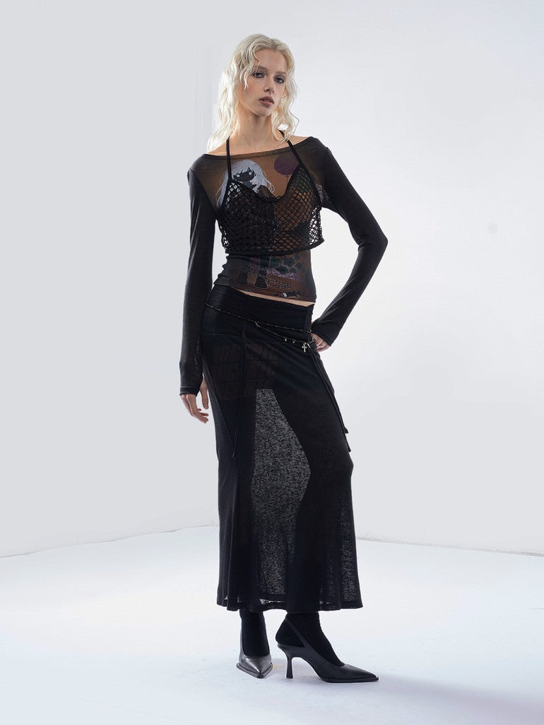 Punk Letter Print Drawstring Mid Waist Women's Tencel Slim Mermaid Skirts