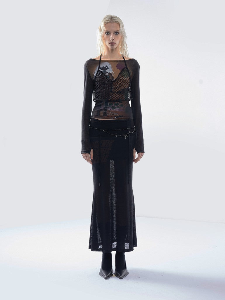 Punk Letter Print Drawstring Mid Waist Women's Tencel Slim Mermaid Skirts