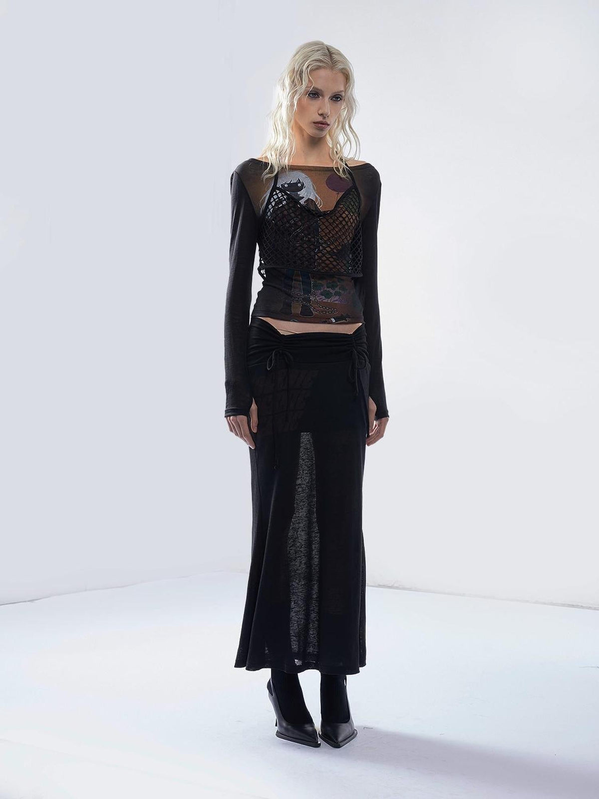 Punk Letter Print Drawstring Mid Waist Women's Tencel Slim Mermaid Skirts