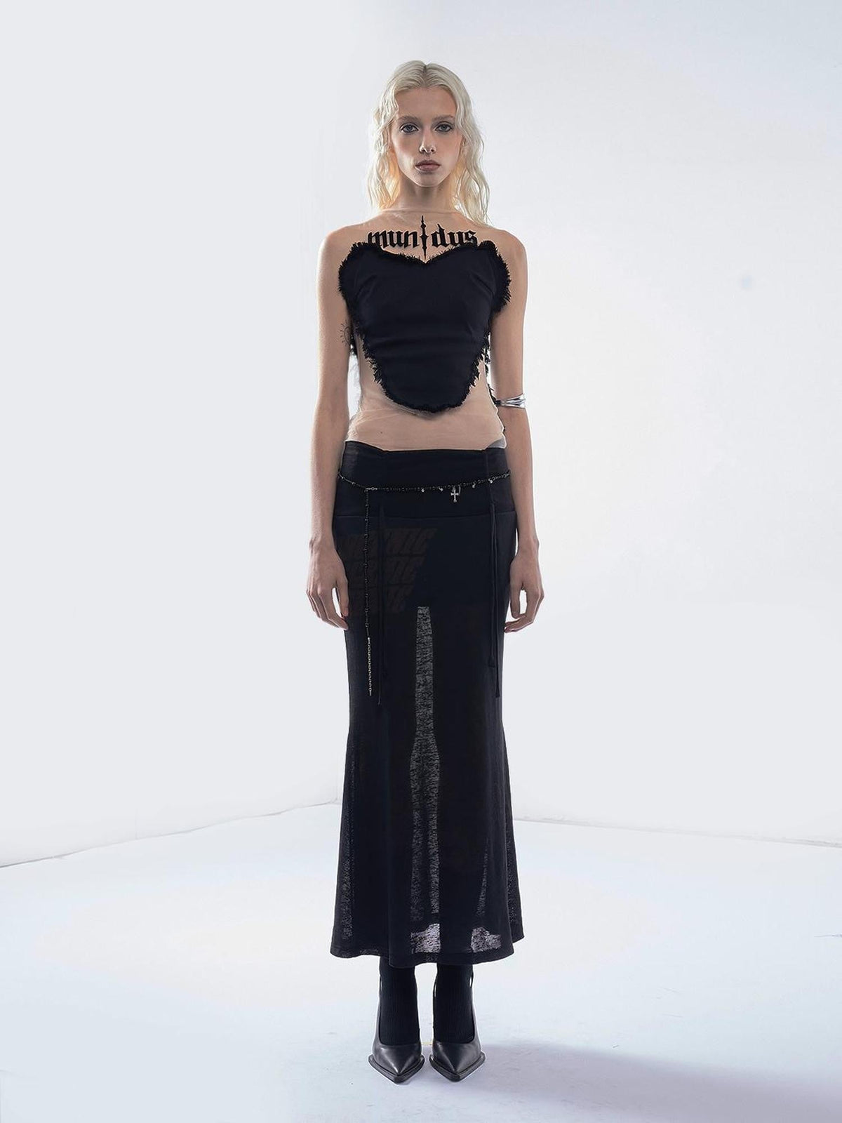 Punk Letter Print Drawstring Mid Waist Women's Tencel Slim Mermaid Skirts