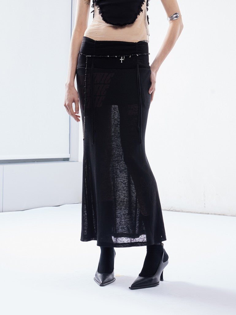 Punk Letter Print Drawstring Mid Waist Women's Tencel Slim Mermaid Skirts