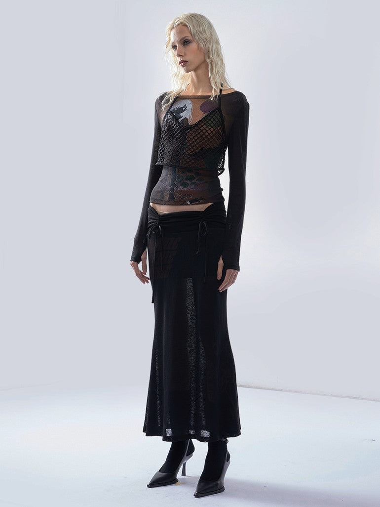 Punk Letter Print Drawstring Mid Waist Women's Tencel Slim Mermaid Skirts