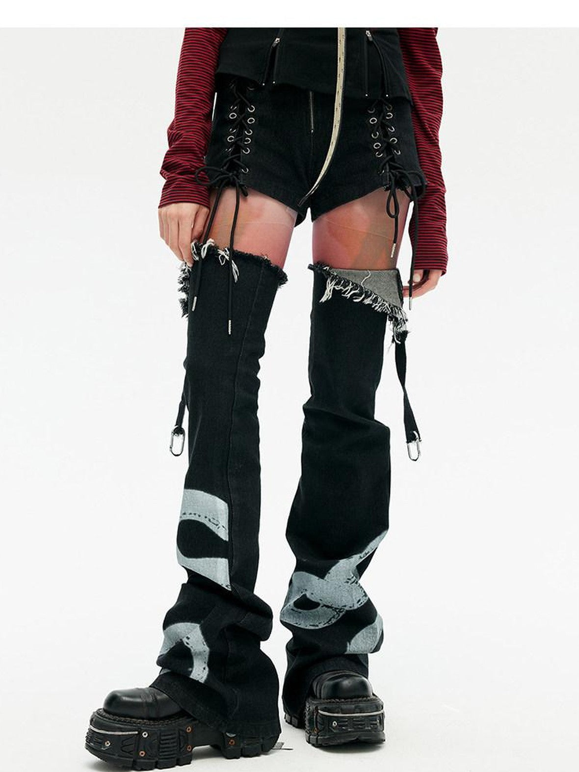 Punk Split Detachable Tassel Women's Brushed Cotton Denim Bootcut Jeans