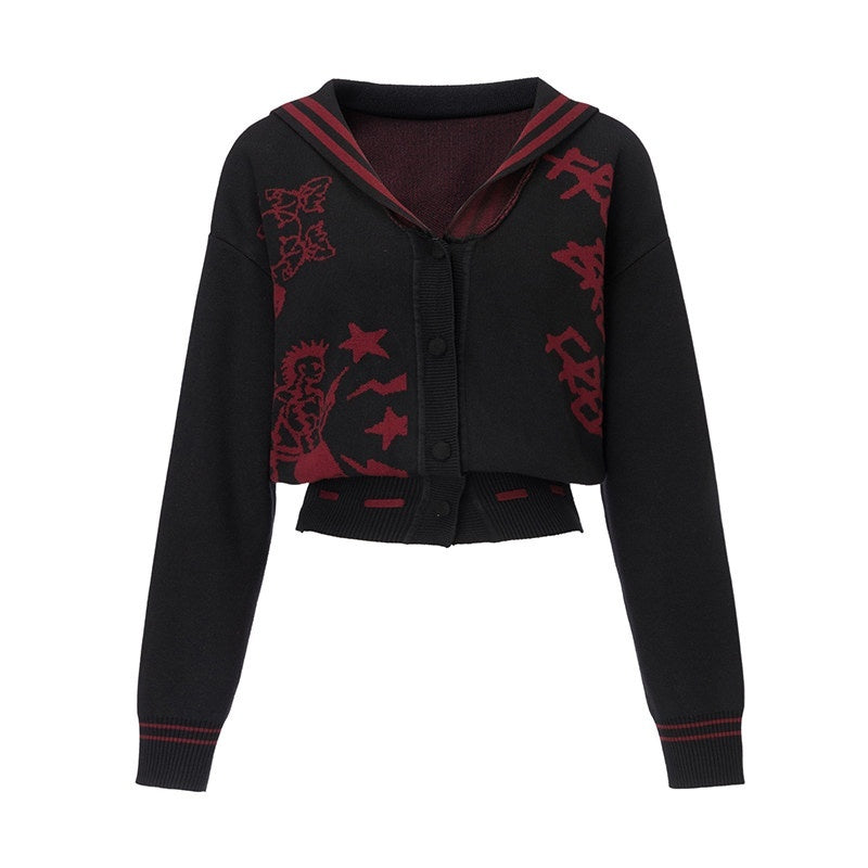 Red Black Punk Sailor Animal Character Knit Women's Wool Blend Cardigans
