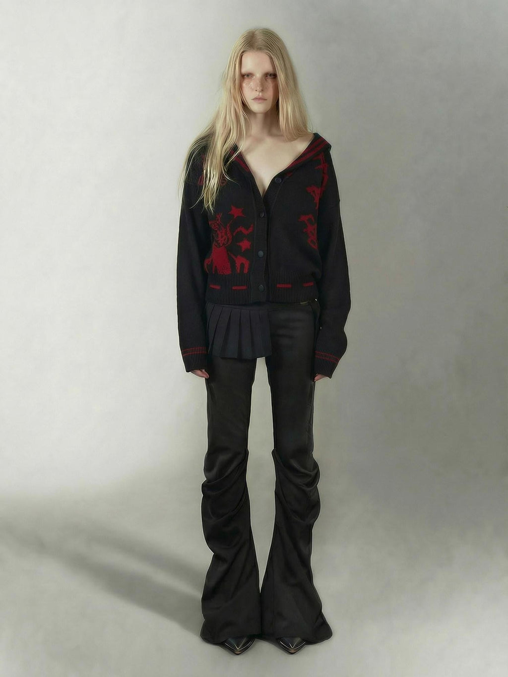 Red Black Punk Sailor Animal Character Knit Women's Wool Blend Cardigans