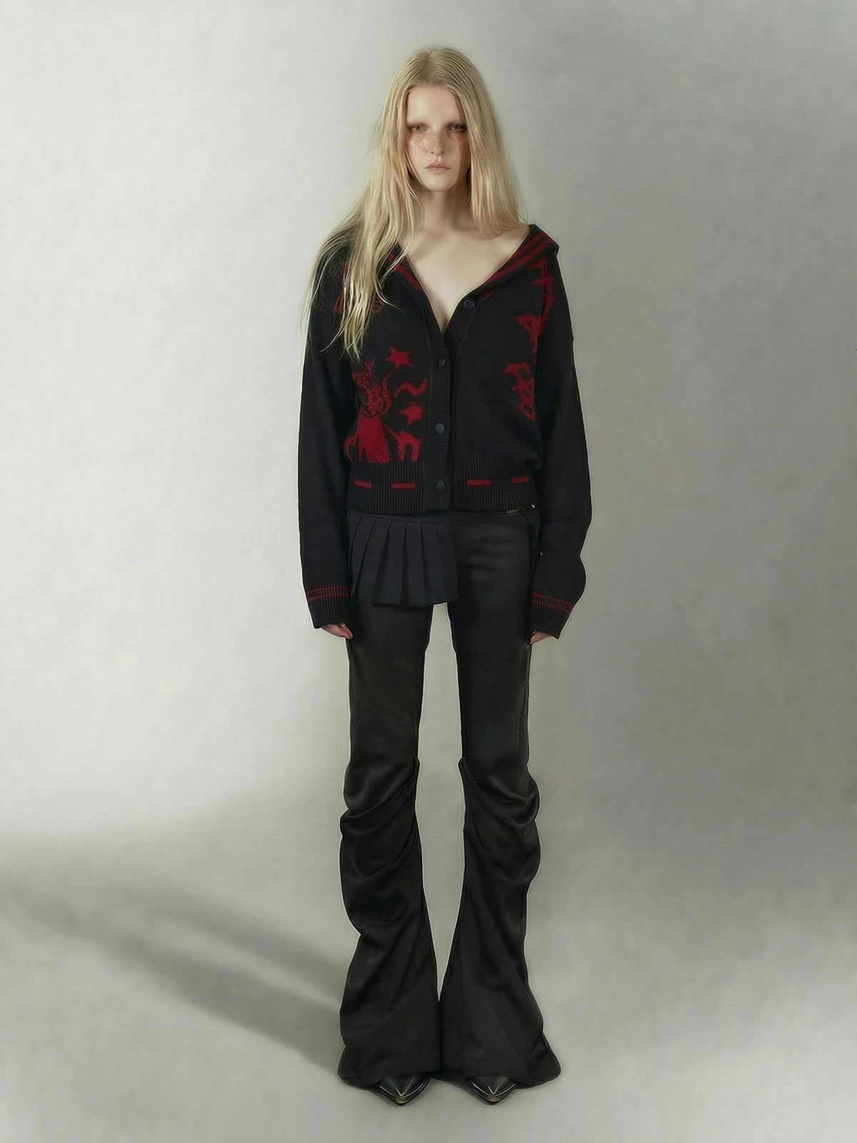 Red Black Punk Sailor Animal Character Knit Women's Wool Blend Cardigans