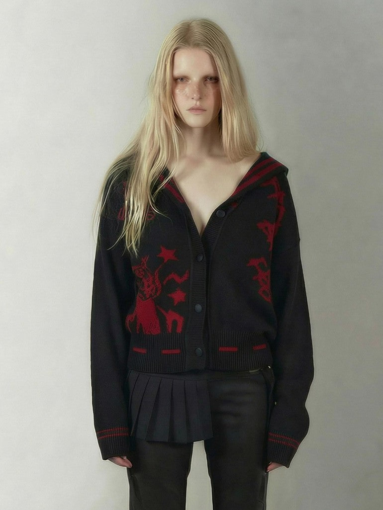 Red Black Punk Sailor Animal Character Knit Women's Wool Blend Cardigans