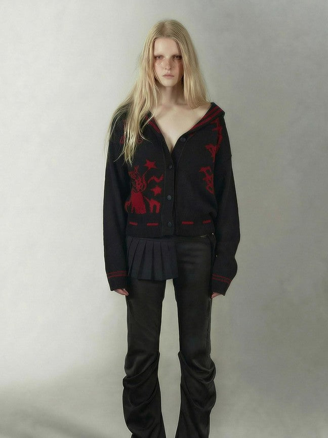 Red Black Punk Sailor Animal Character Knit Women's Wool Blend Cardigans