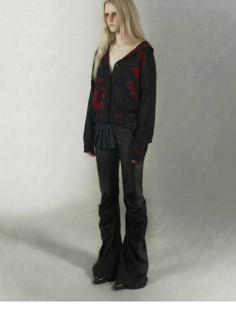 Red Black Punk Sailor Animal Character Knit Women's Wool Blend Cardigans