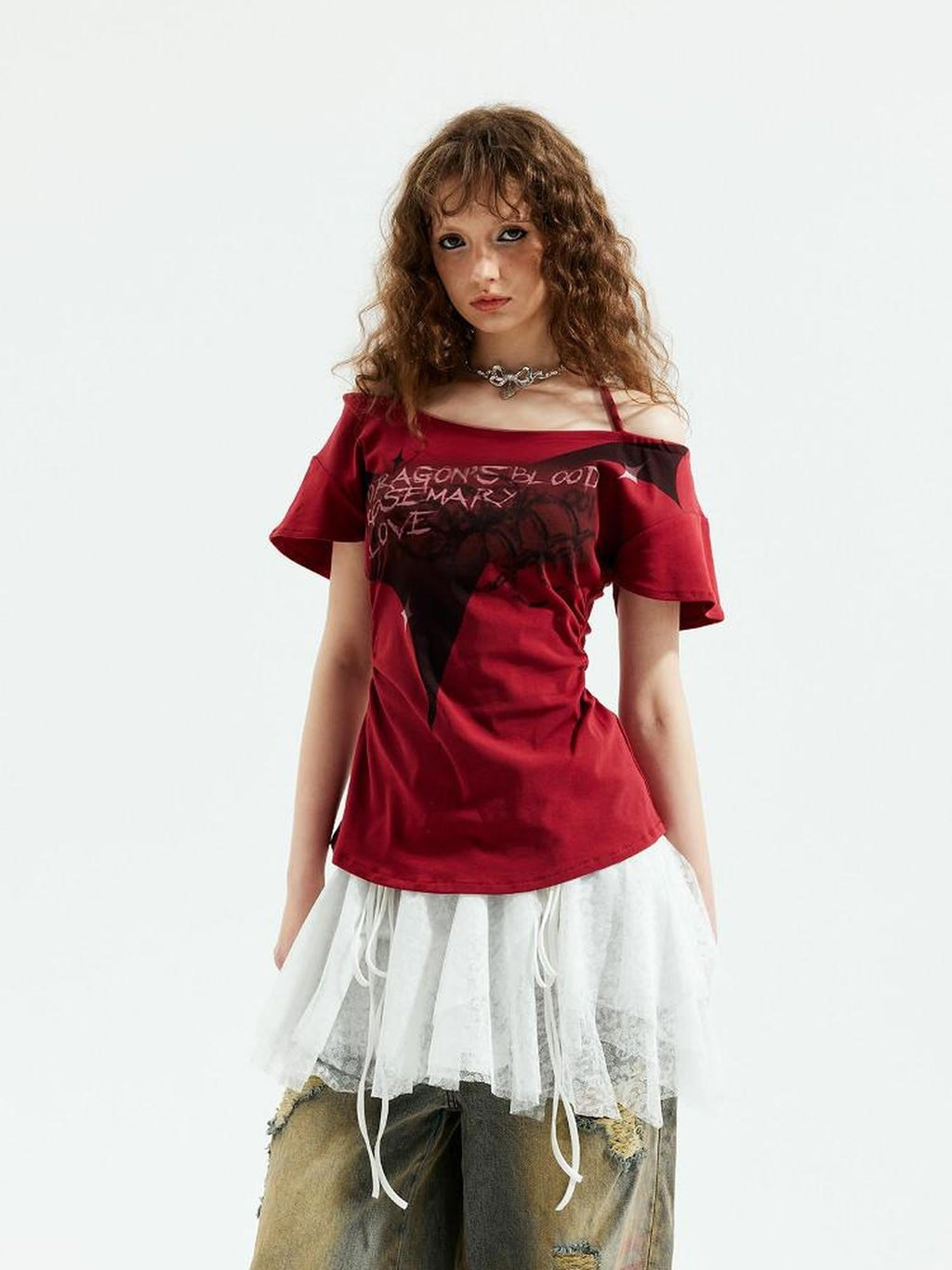 Red Punk Witch Letter Print Slim Fit Women's Cotton Blend Off-shoulder T-shirts