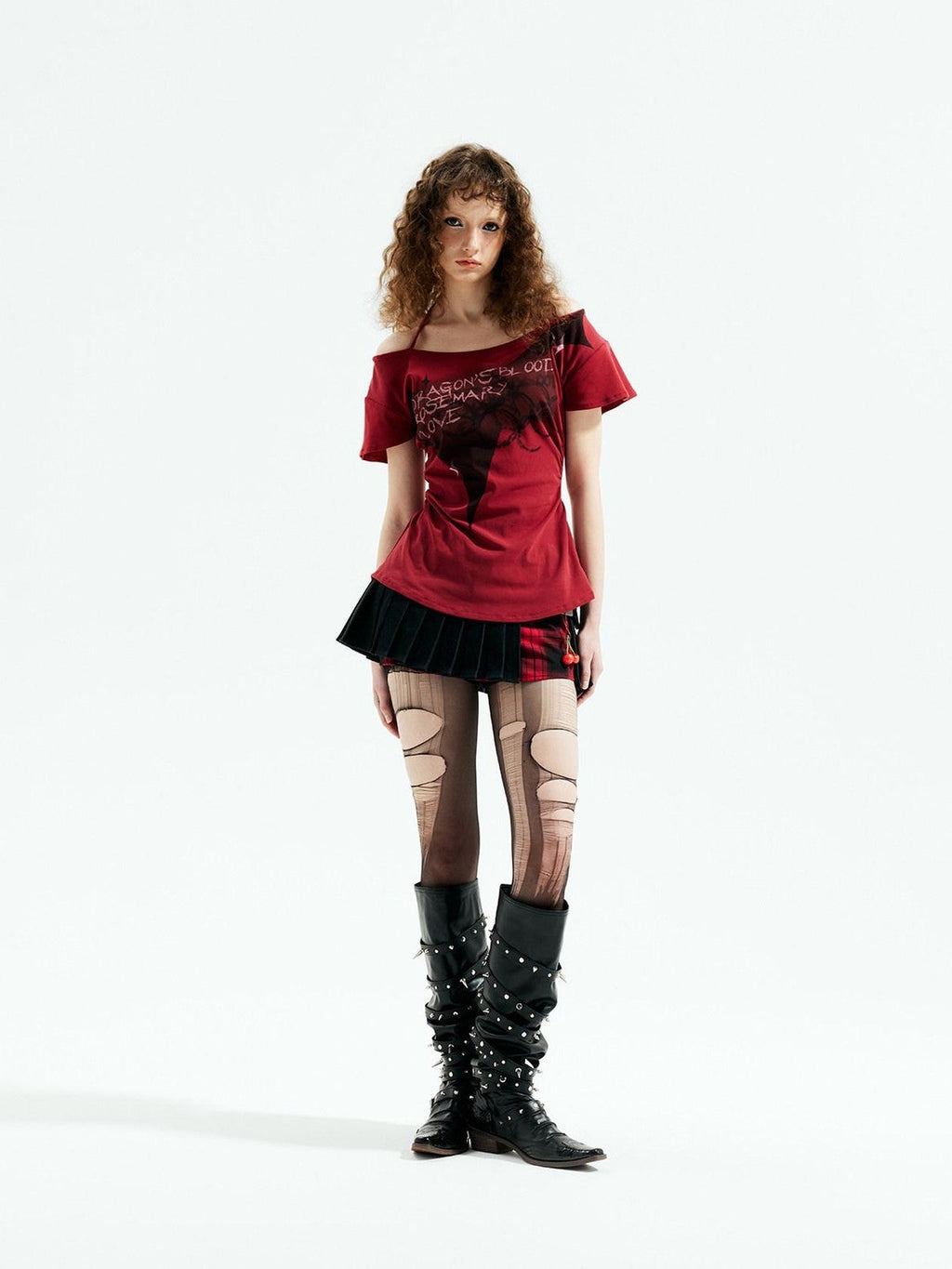 Red Punk Witch Letter Print Slim Fit Women's Cotton Blend Off-shoulder T-shirts