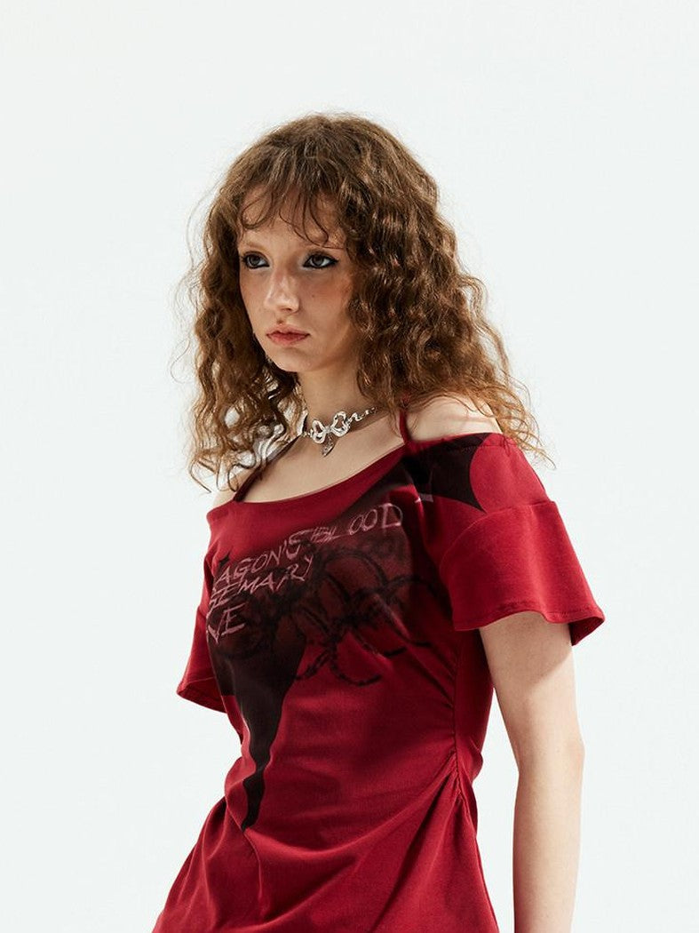 Red Punk Witch Letter Print Slim Fit Women's Cotton Blend Off-shoulder T-shirts