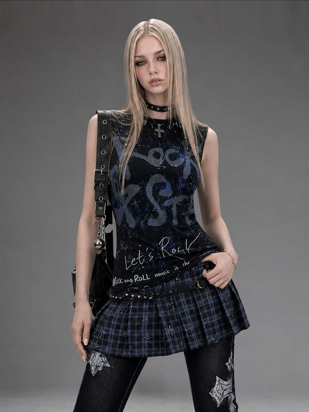 Rock Letter Print Plaid Patch Pleated Women's Cotton Casual Mini Dresses