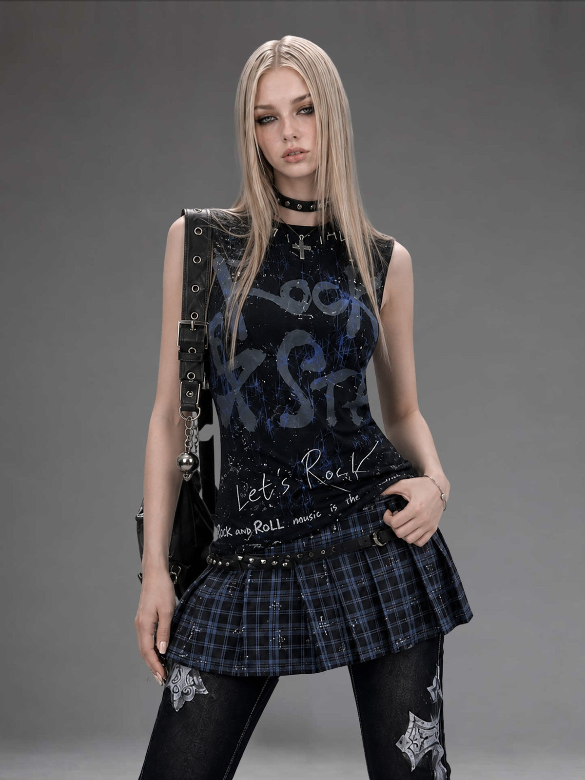 Rock Letter Print Plaid Patch Pleated Women's Cotton Casual Mini Dresses