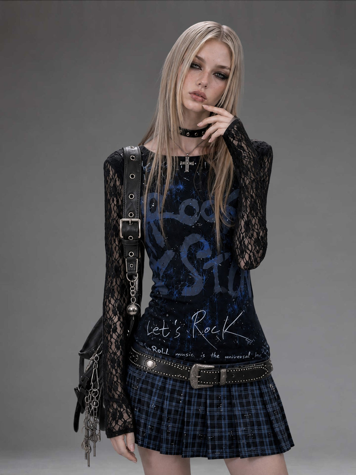 Rock Letter Print Plaid Patch Pleated Women's Cotton Casual Mini Dresses