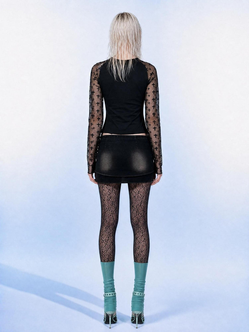 Sheer Mesh Letter Print Cropped Slim Women's Cotton Spandex Long Sleeve T-shirts