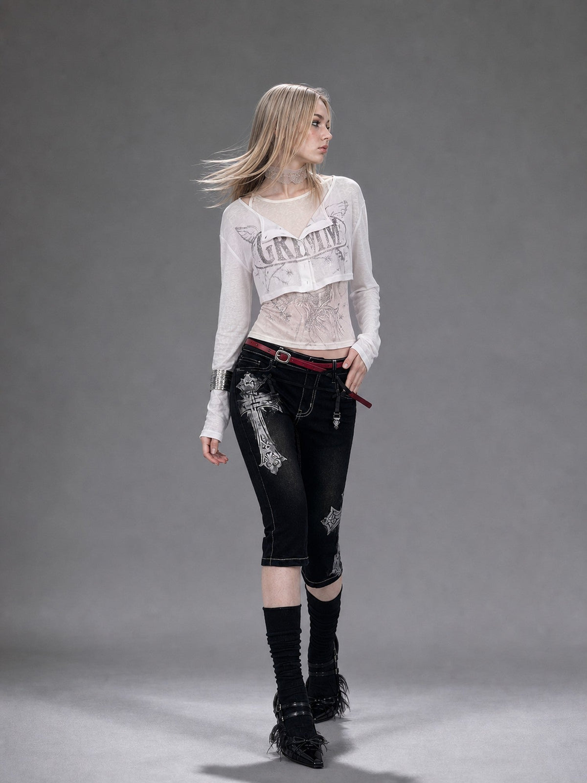 Silver Letter Print Slim Fit Lycra Women's Long Sleeve T-shirts