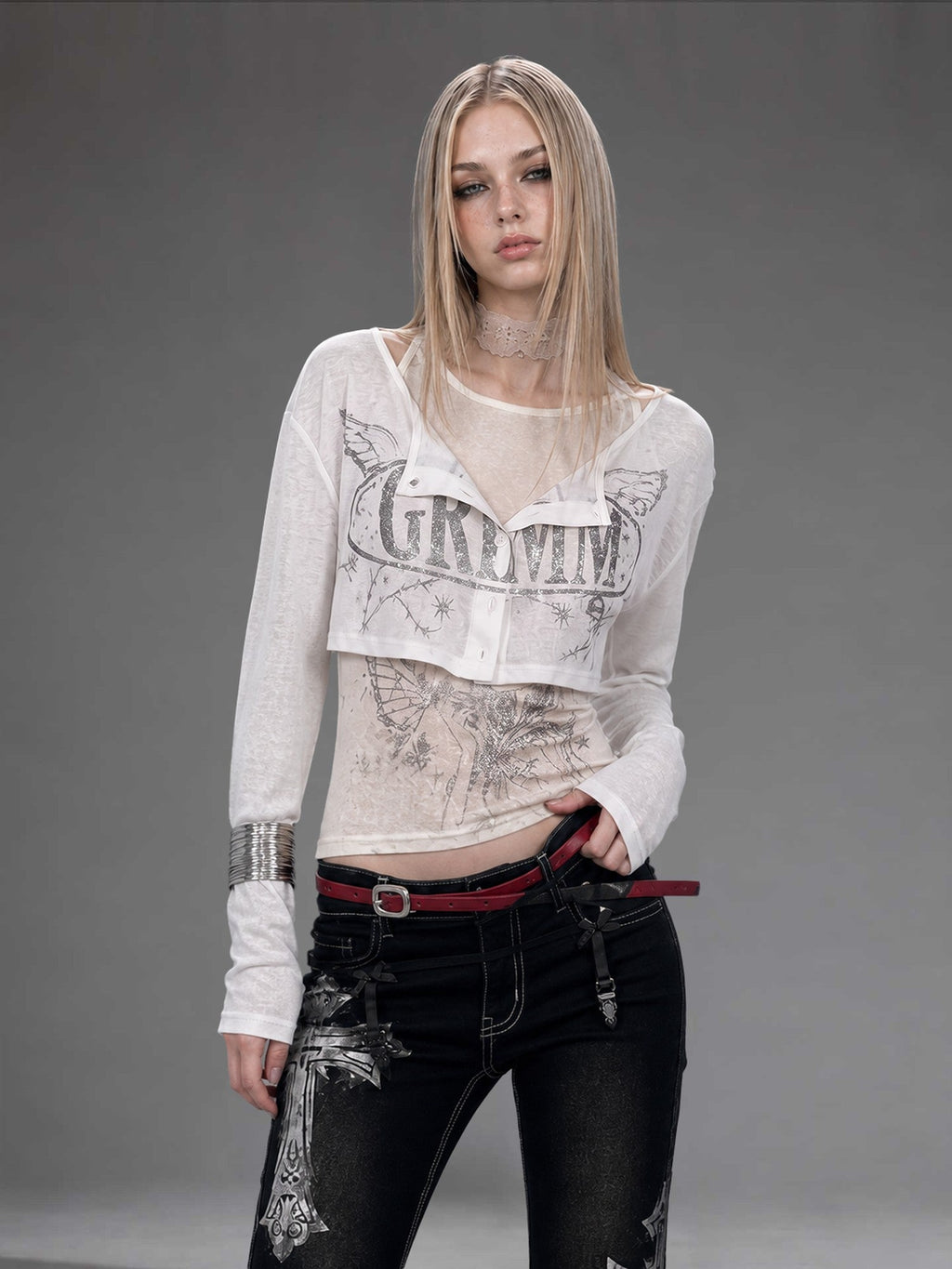 Silver Letter Print Slim Fit Lycra Women's Long Sleeve T-shirts