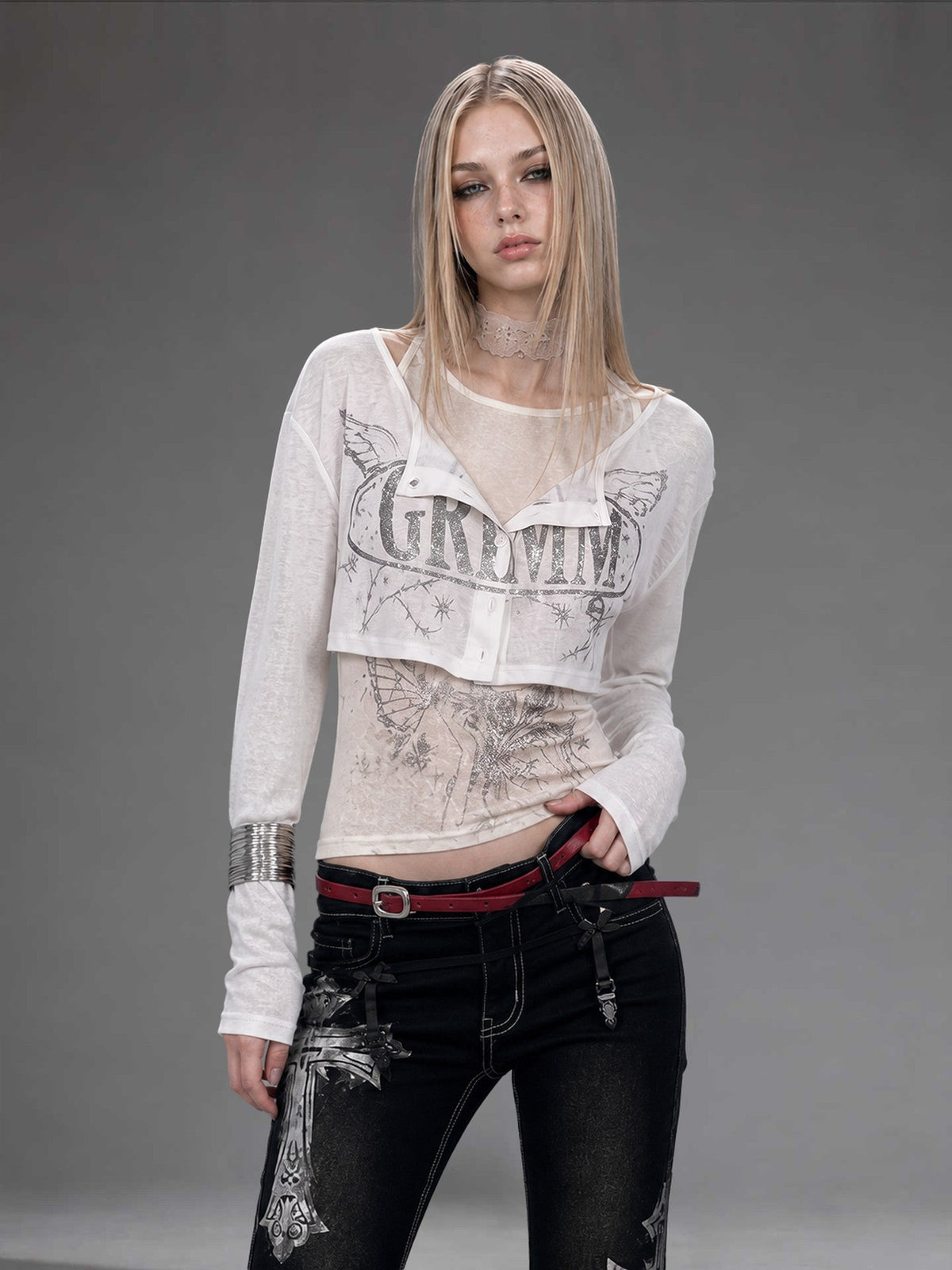 Silver Letter Print Slim Fit Lycra Women's Long Sleeve T-shirts