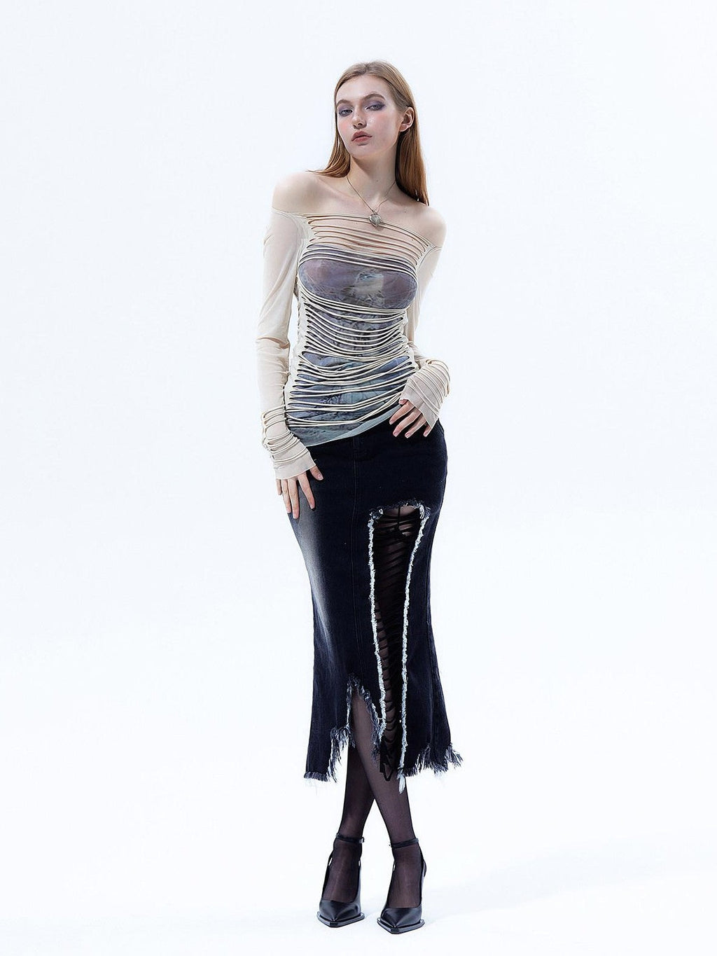 Y2k Retro Striped 3d Embellished Slim Fit Women's Mesh Long Sleeve T-shirts