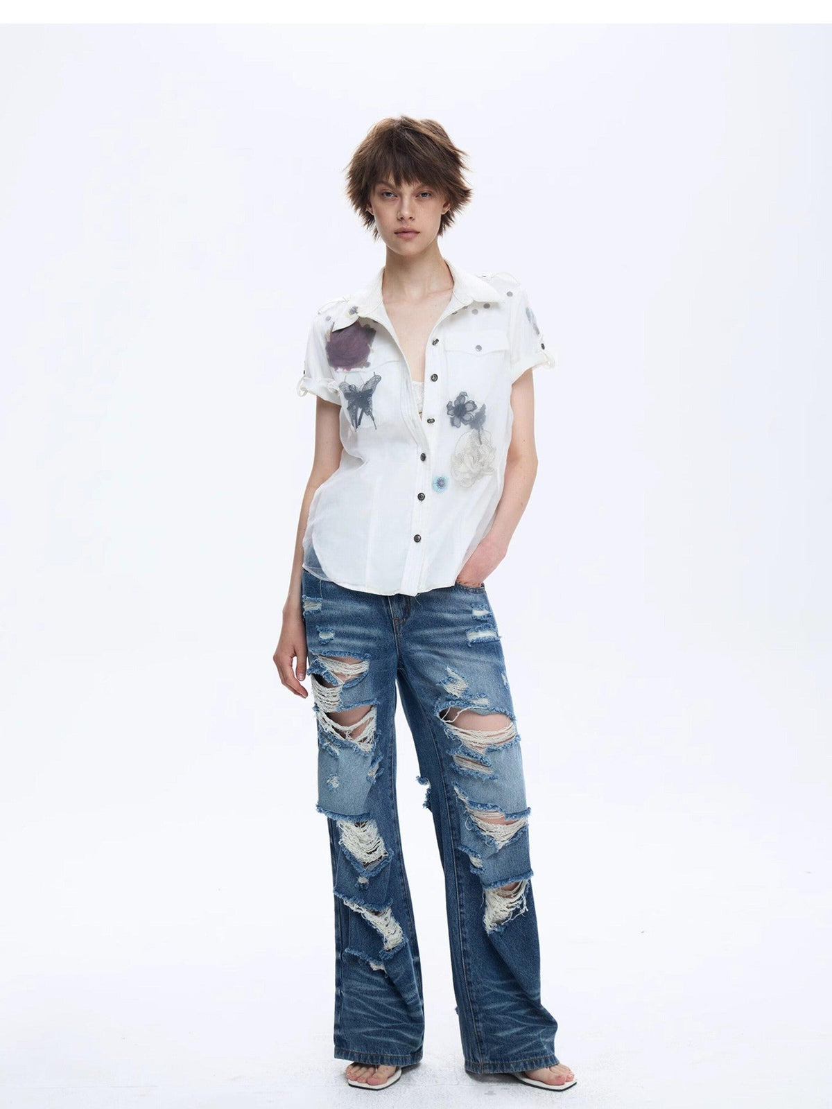 3d Floral Butterfly Tulle Handmade Women's Cotton Blend Shirts