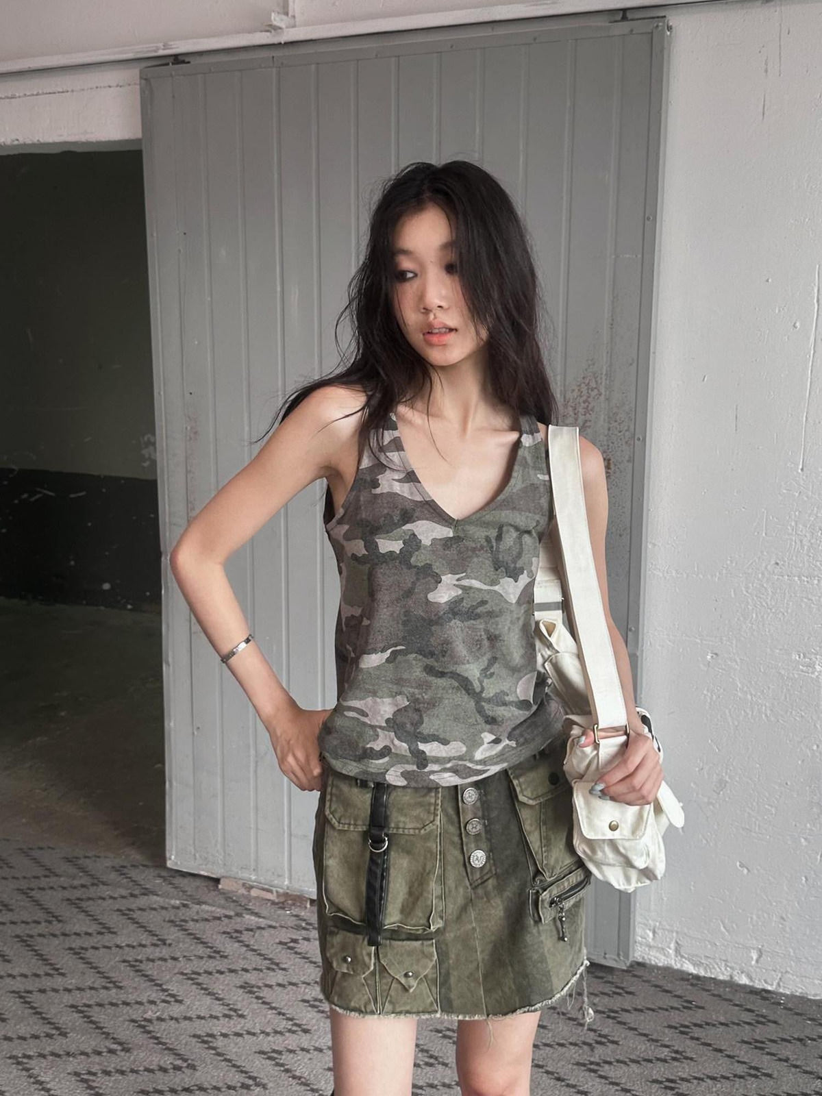 Camouflage Print Embroidered V-neck Women's Cotton Tank Tops