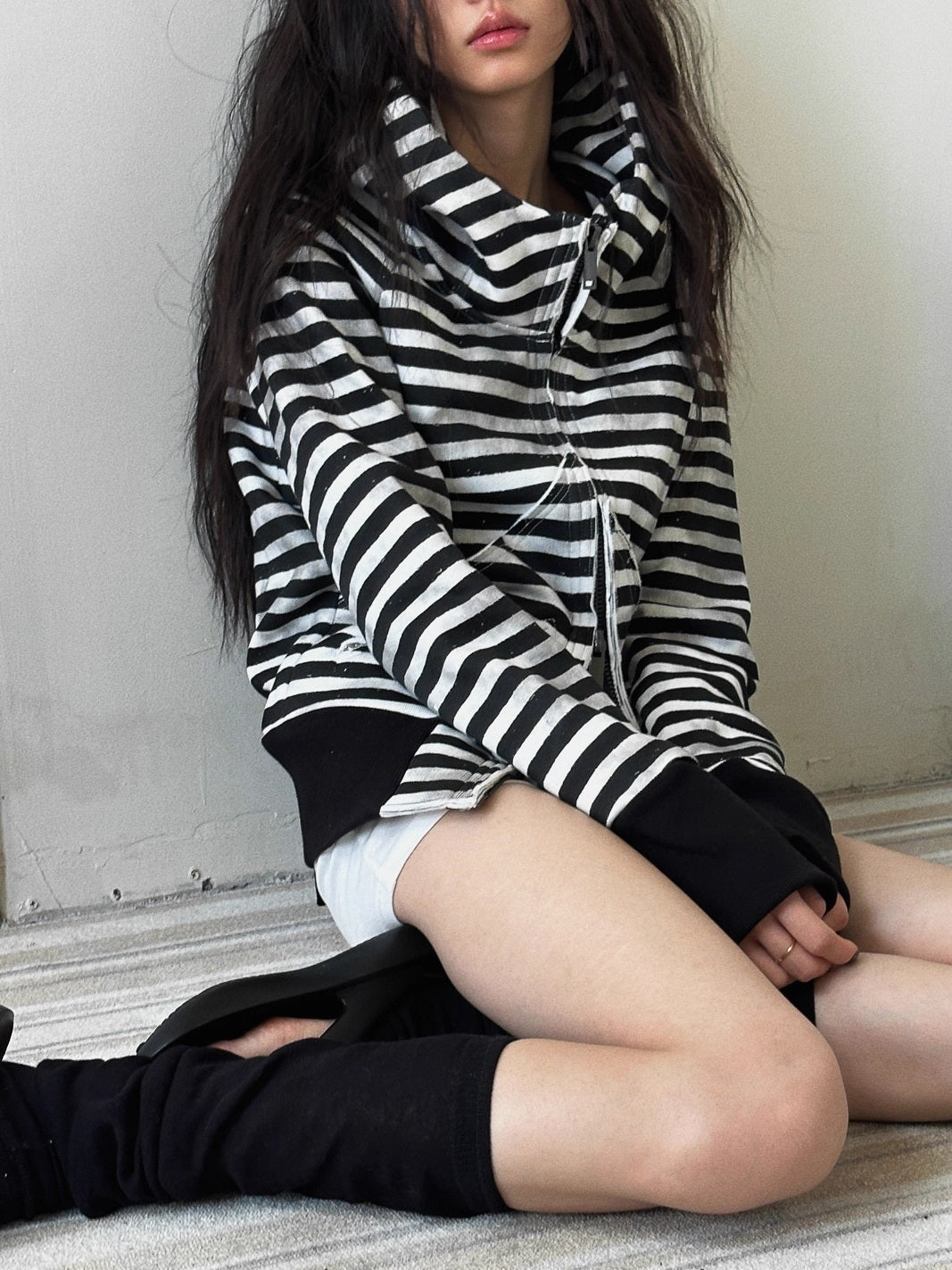 Cozy Fleece Striped Half Turtleneck Street Loose Women Cotton Stretch Hoodies