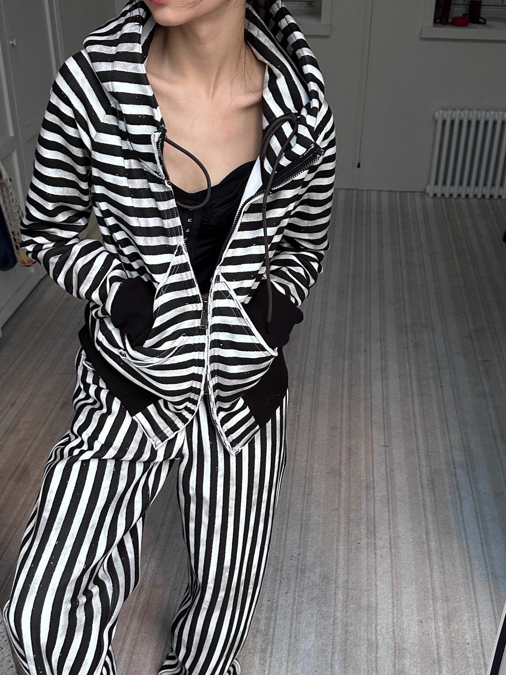 Cozy Fleece Striped Half Turtleneck Street Loose Women Cotton Stretch Hoodies