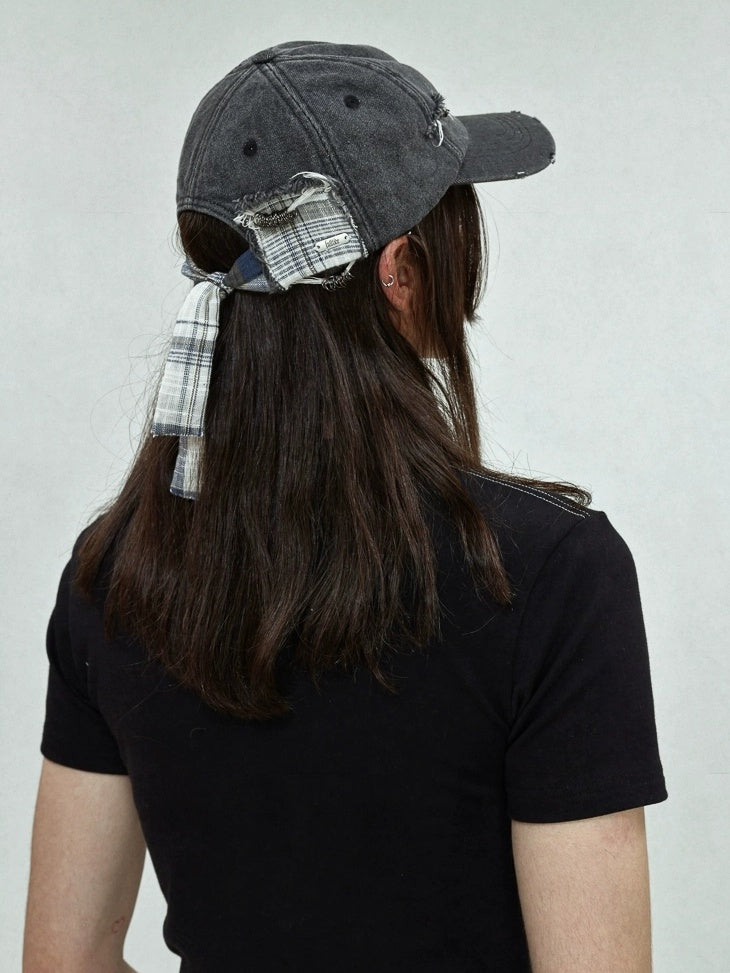 Distressed Cotton Denim Casual Wide Brim Unisex Street Grey Blue Plaid Hat