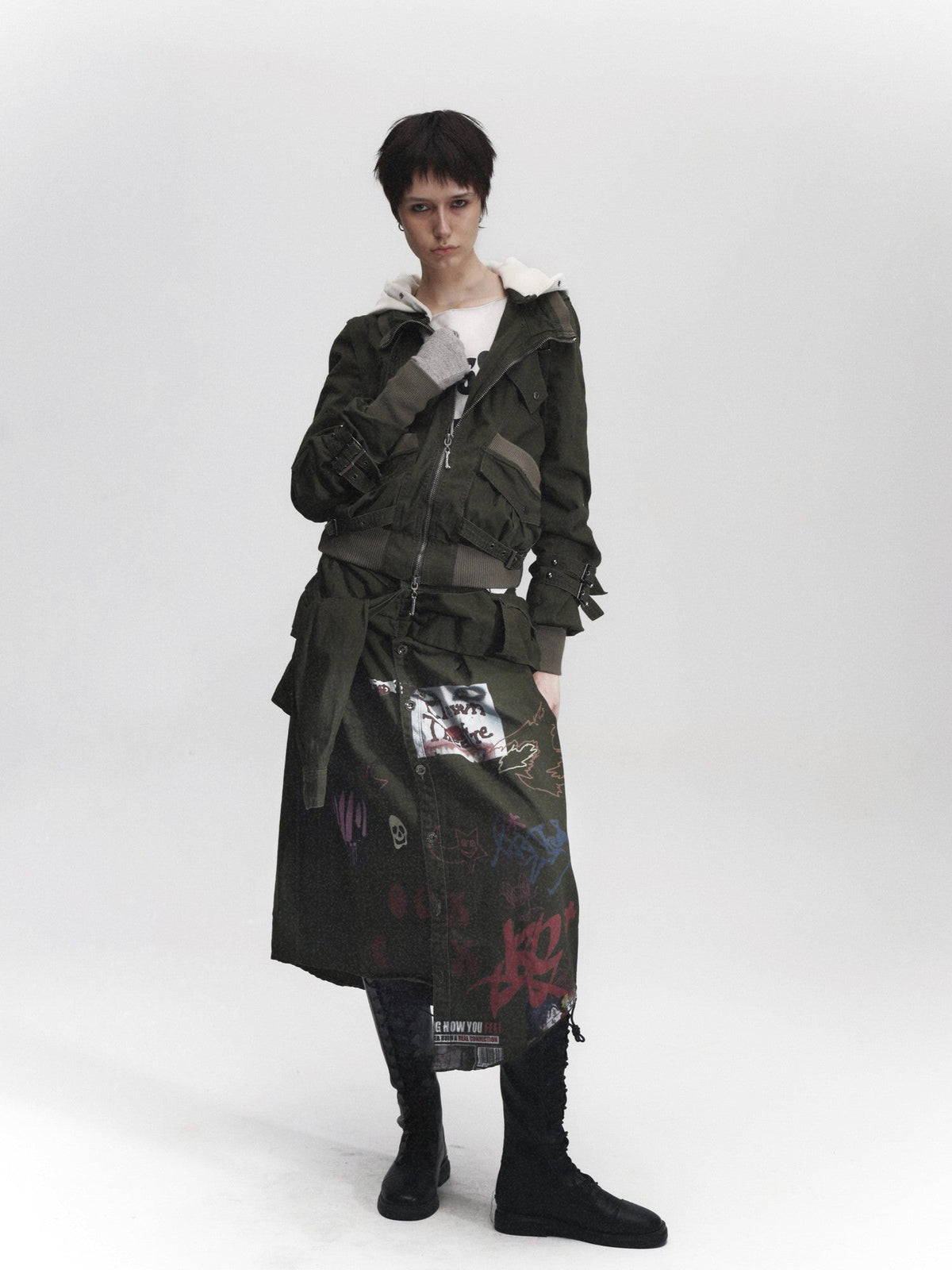Distressed Irregular Graffiti Print Punk Women's Denim Midi Skirts