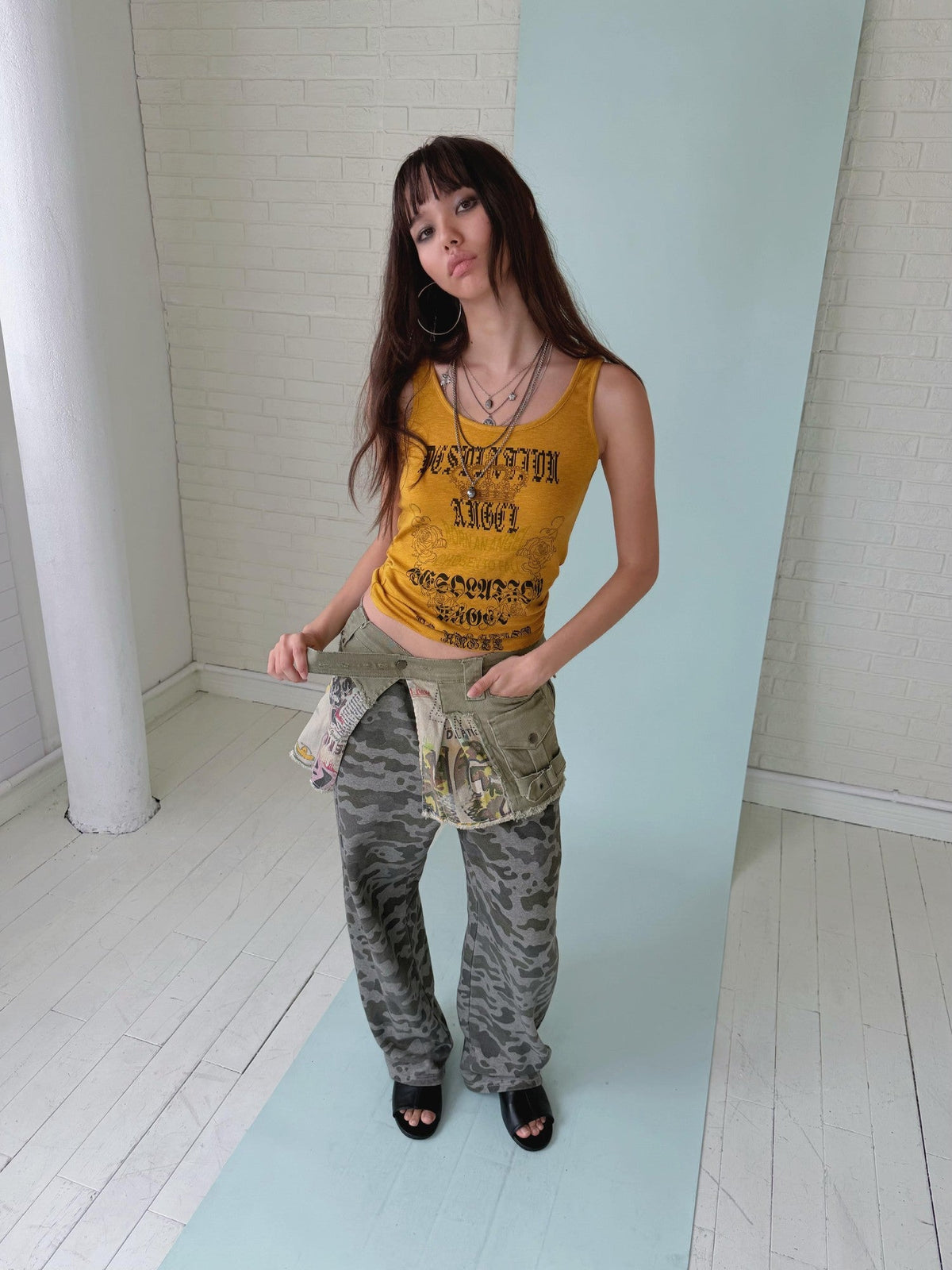 Distressed Letter Print Punk Women's Lyocell Blend H Shaped Tank Tops