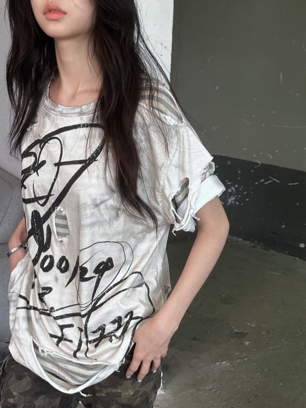 Distressed Vintage Double Layer Printed Women's Cotton Short Sleeve T-shirts