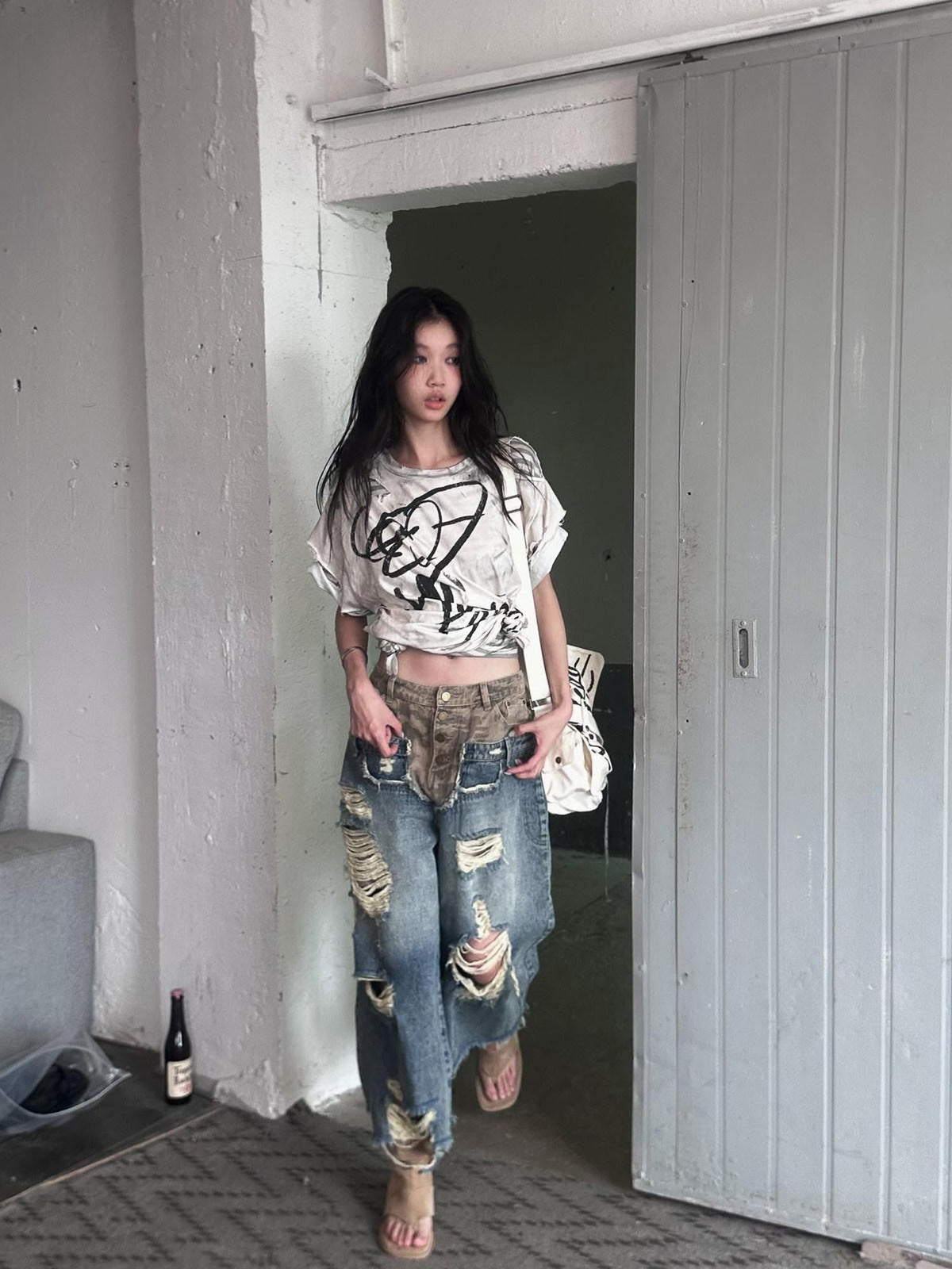 Distressed Vintage Double Layer Printed Women's Cotton Short Sleeve T-shirts