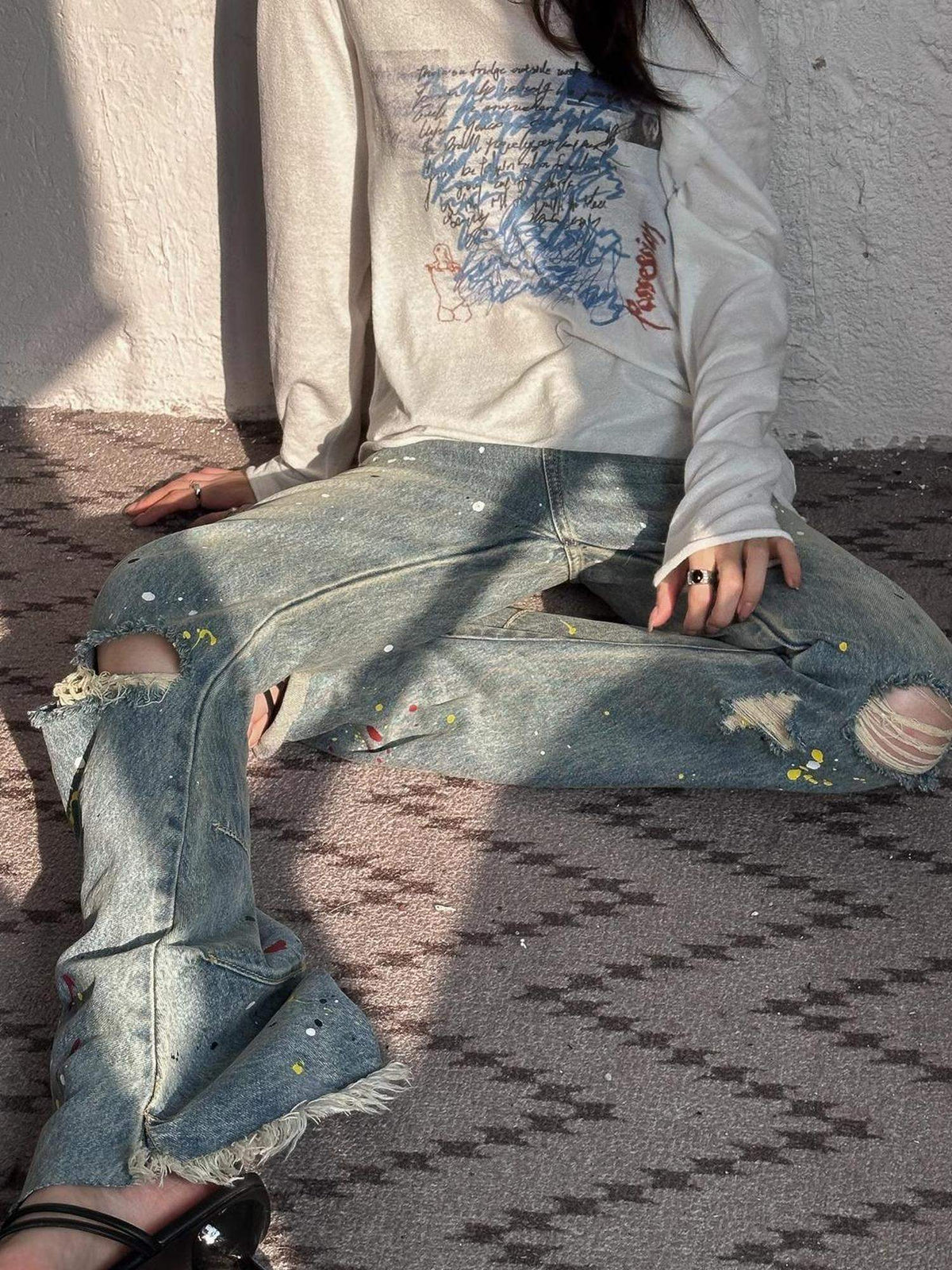 Durable Cotton Stretch Denim Natural Waist Wide Leg Light Blue Zipper Pants