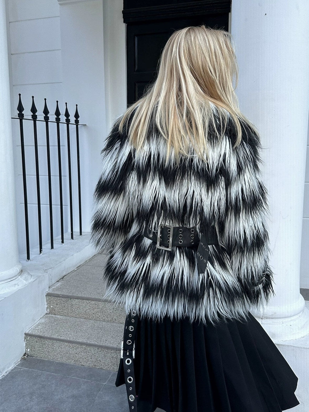 Faux Fur Trim Black White Striped Street Single Breasted Two Button Women Coat