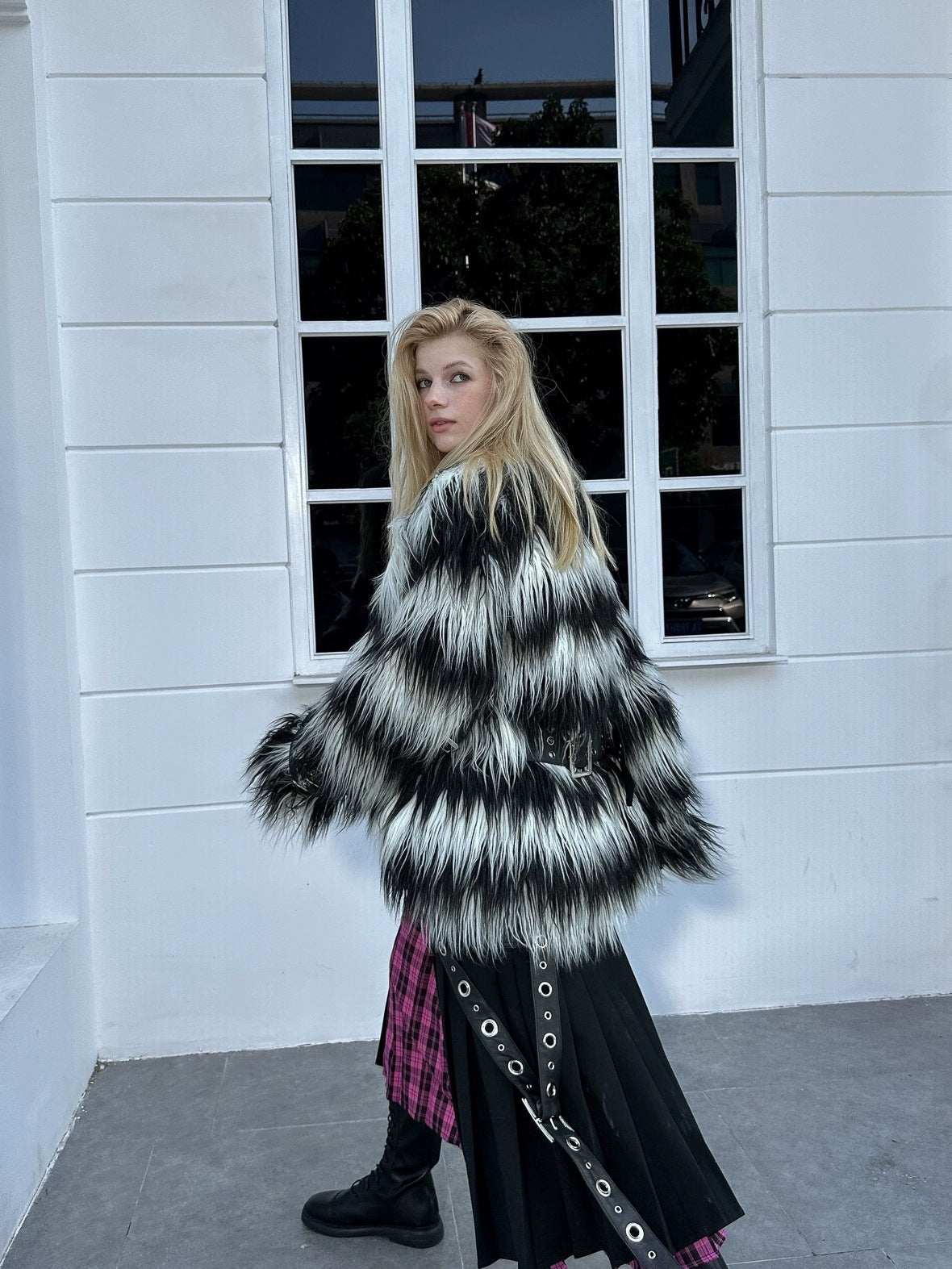 Faux Fur Trim Black White Striped Street Single Breasted Two Button Women Coat