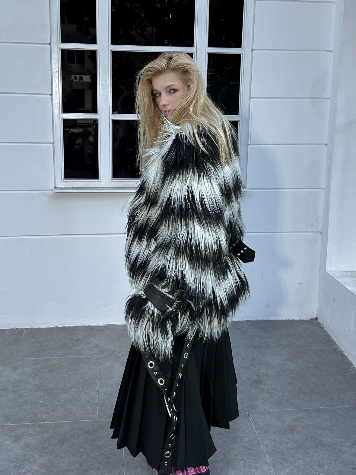 Faux Fur Trim Black White Striped Street Single Breasted Two Button Women Coat