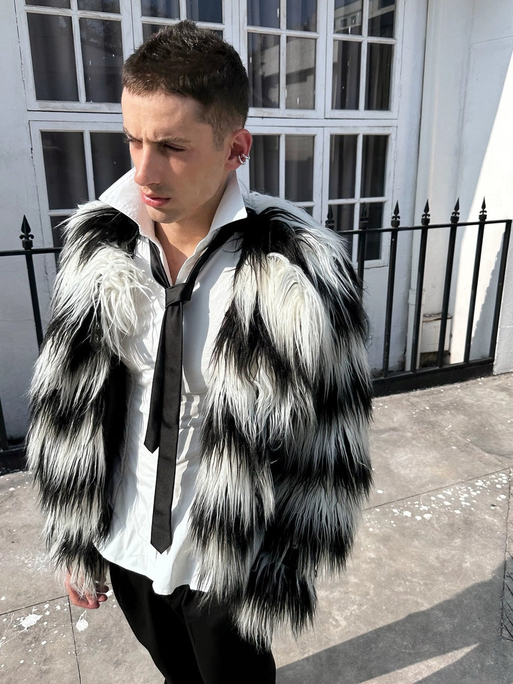 Faux Fur Trim Black White Striped Street Single Breasted Two Button Women Coat