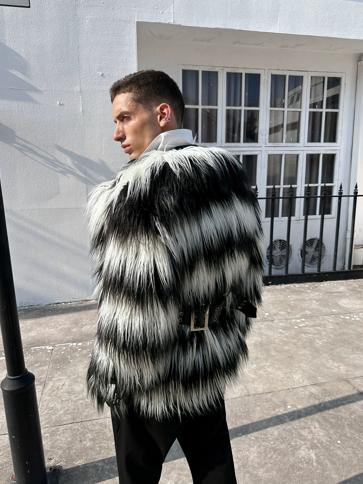 Faux Fur Trim Black White Striped Street Single Breasted Two Button Women Coat