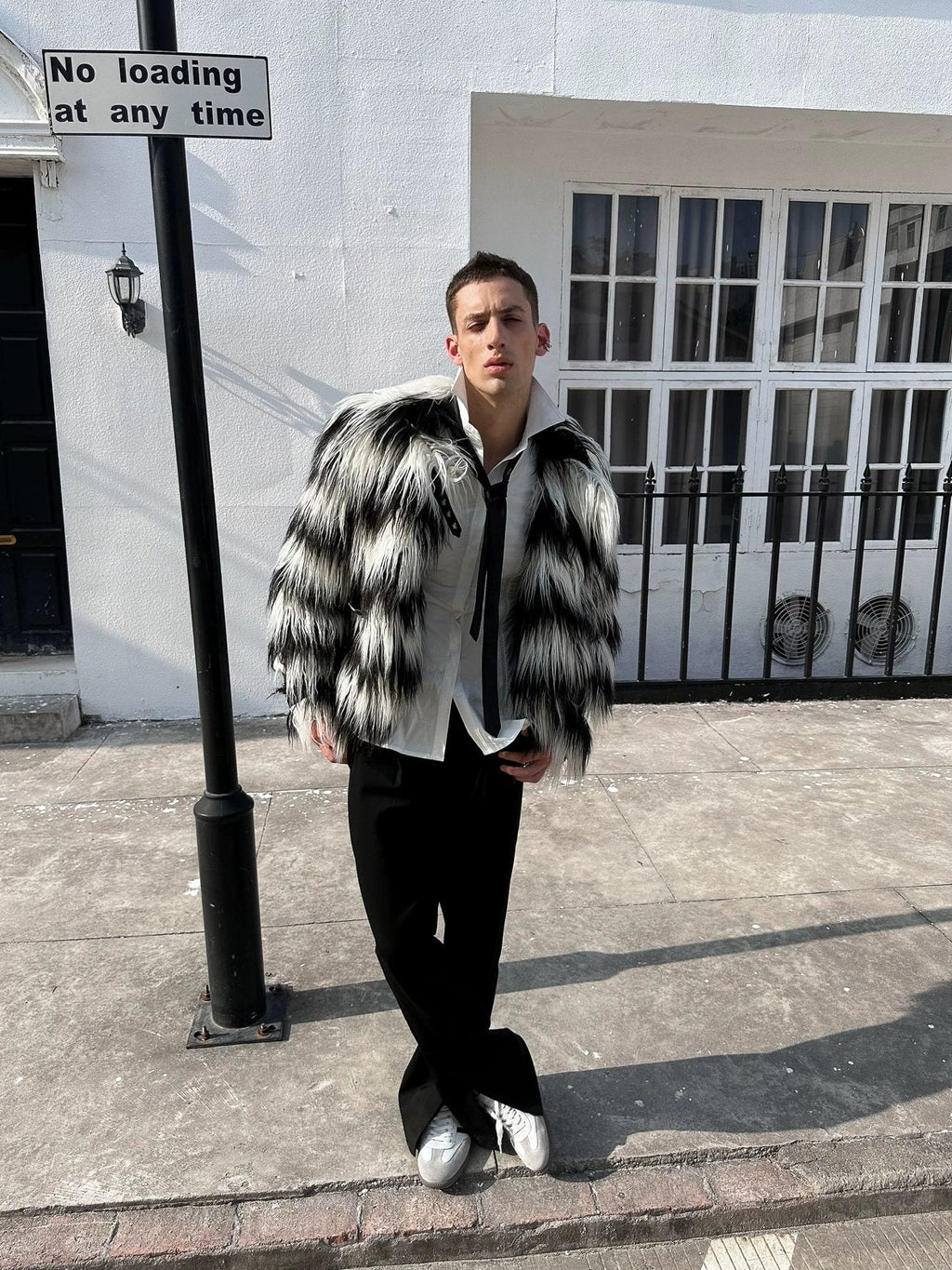 Faux Fur Trim Black White Striped Street Single Breasted Two Button Women Coat