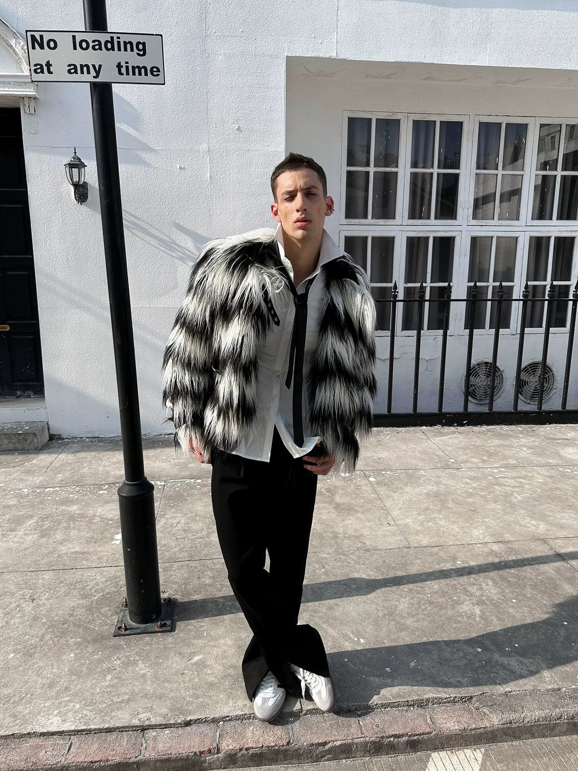 Faux Fur Trim Black White Striped Street Single Breasted Two Button Women Coat