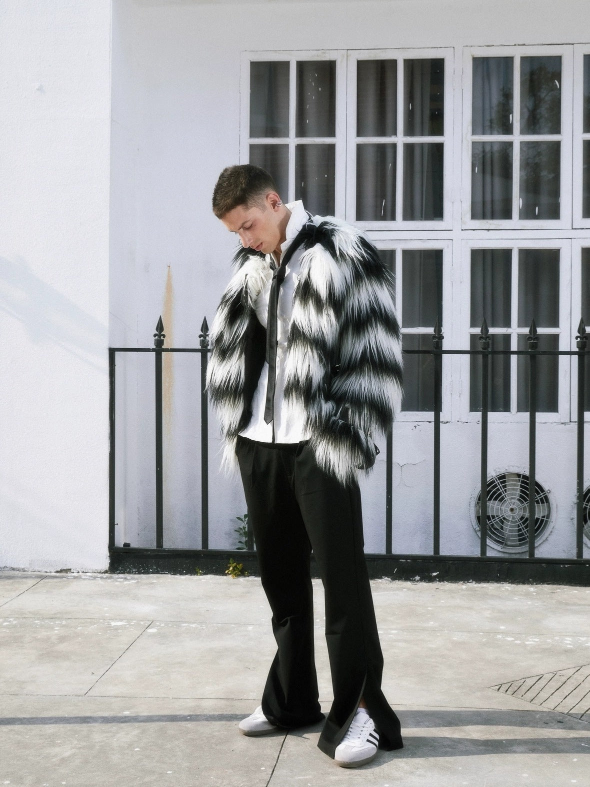 Faux Fur Trim Black White Striped Street Single Breasted Two Button Women Coat