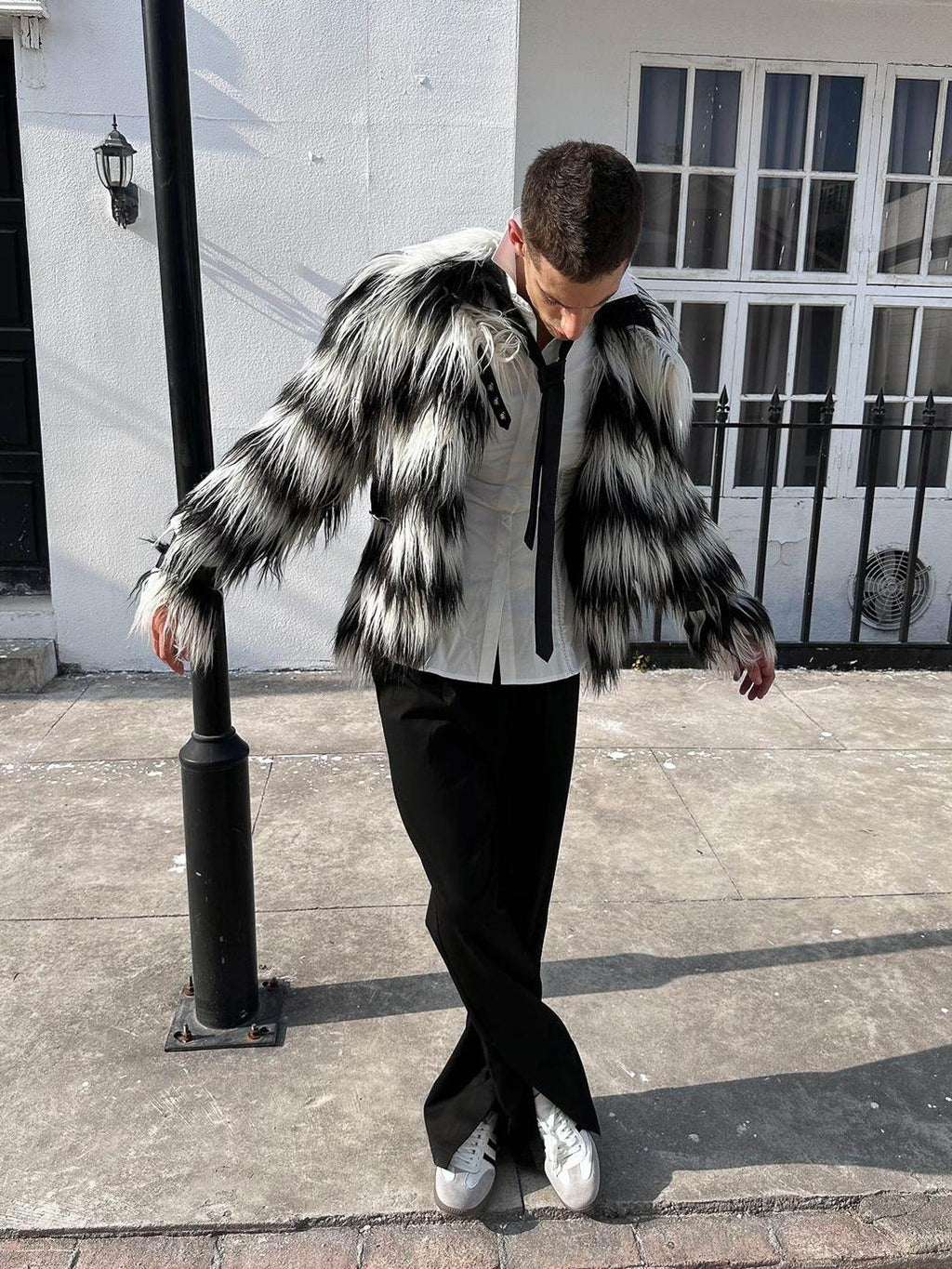 Faux Fur Trim Black White Striped Street Single Breasted Two Button Women Coat