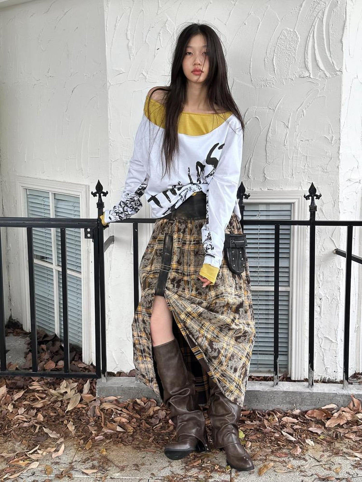 Flattering High Waist Vintage A Line Plaid Mid Length Women Cotton Pu Maxi Skirt