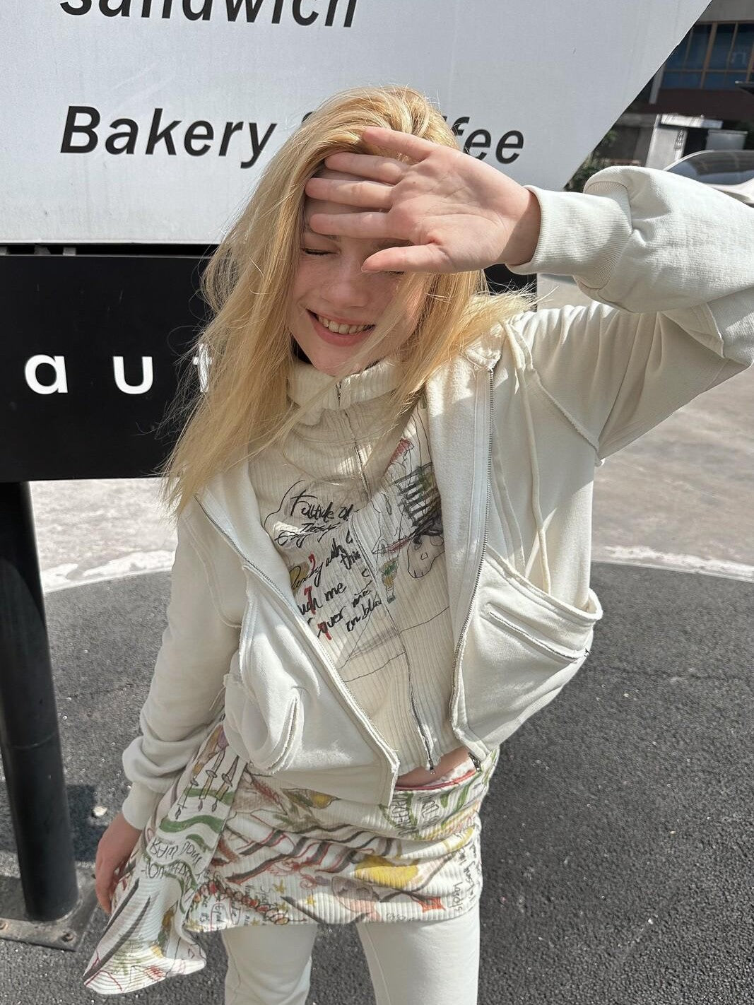 Graffiti Cartoon Print Faux Two Piece Cropped Henley Women's Cotton Sweatshirts