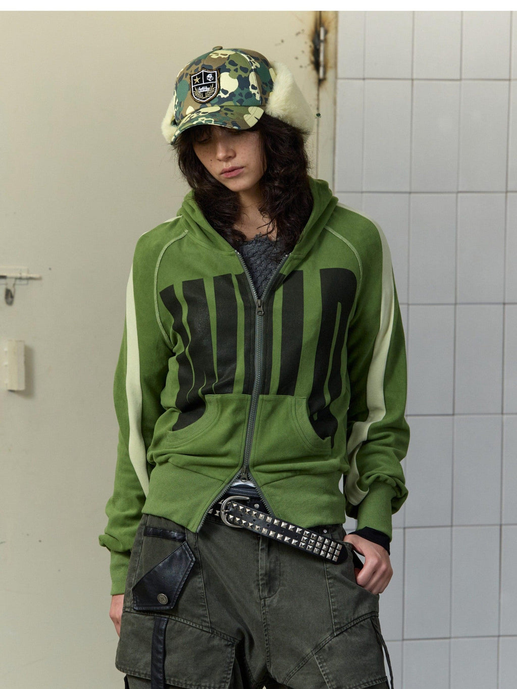 Green Velvet Letter Print Colorblock Women's Viscose Zip-up Hoodies