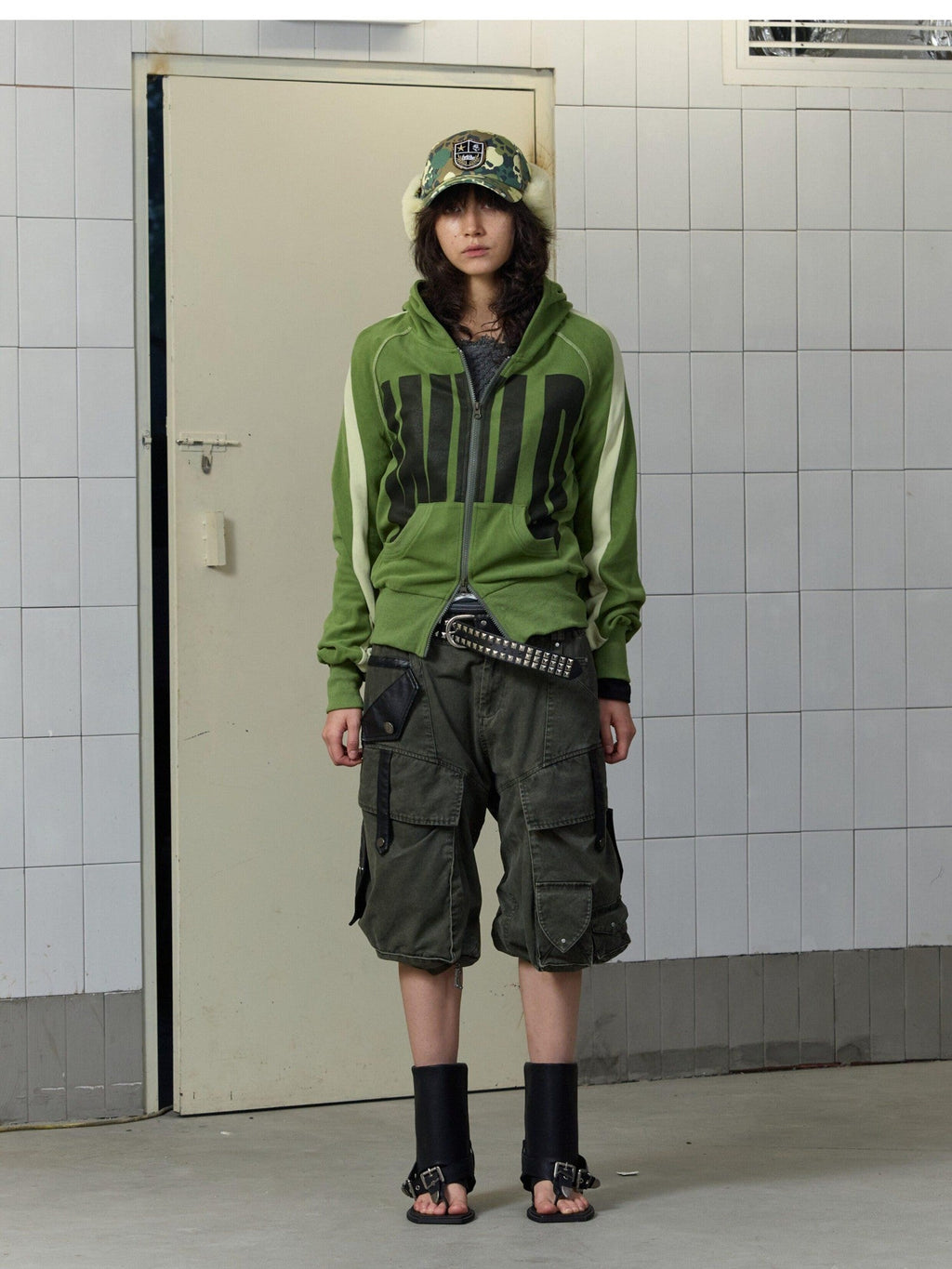 Green Velvet Letter Print Colorblock Women's Viscose Zip-up Hoodies