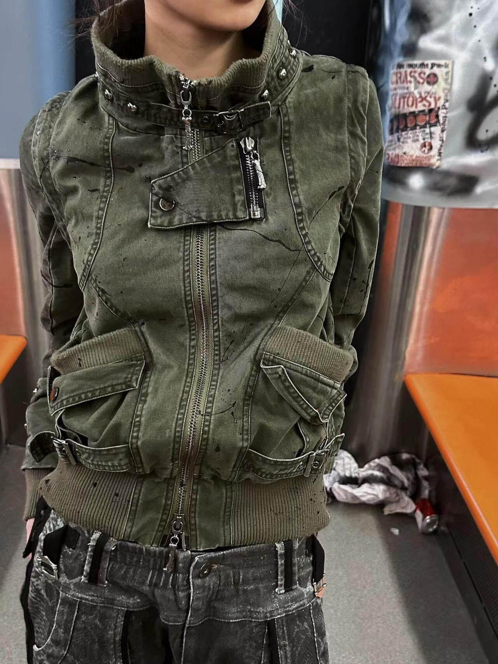 Ink Wash Two Way Removable Sleeves And Hood Women's Cotton Denim Utility Jackets
